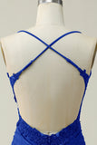 Stylish Sheath Spaghetti Straps Royal Blue Short Homecoming Dress with Appliques