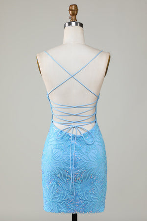 Sparkly Bodycon Spaghetti Straps Blue Short Homecoming Dress with Beaded