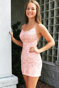 Pink Tight Floral Spaghetti Straps Short Homecoming Dress with Appliques